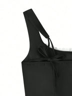Lace Trim Camisole Mini Dress in Solid Polyester with Square Neck and Sleek