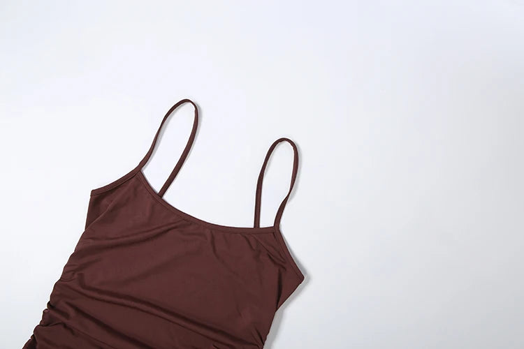 Pink Brown Two Piece Set With Polka Dot Cami And Ruched Mini Skirt