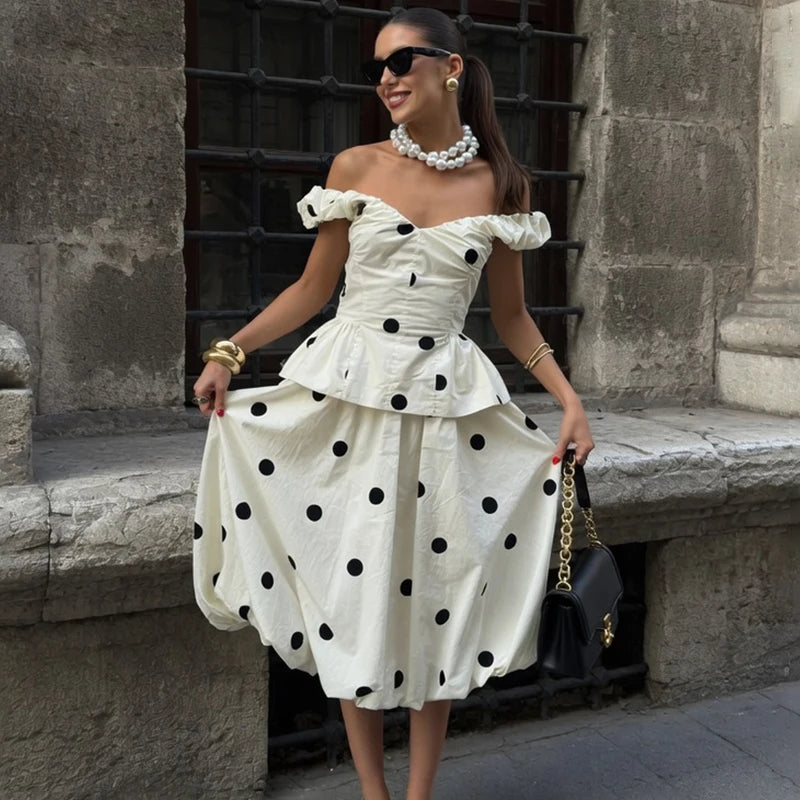 Long Polka Dot Skirt Set With Cropped Puffy Sleeveless Top