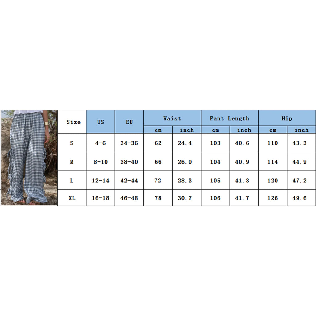 Plaid Wide Leg Pants With Side Tie Hollow Out Detail Loose Fit Trousers