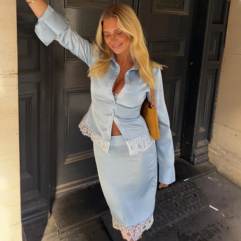 Lace-Paneled Female Lapel Button Long-Sleeved Shirt Slim Skirt Suit