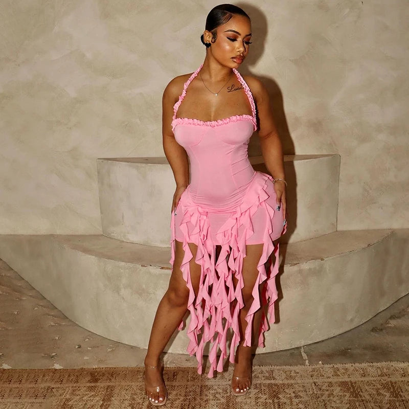 Elegant Halter Backless Ruffles Mini Dress Slim Fit With Tassel Detail