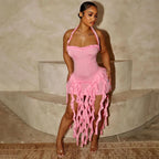 Elegant Halter Backless Ruffles Mini Dress Slim Fit With Tassel Detail