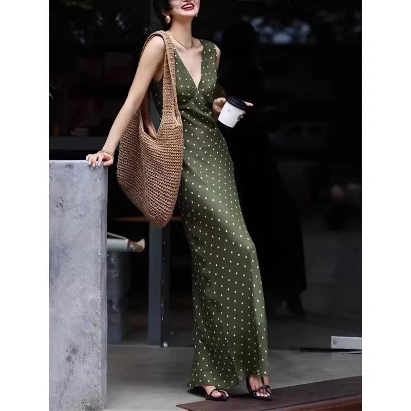 Polka Dot Chiffon V Neck Dress For Women