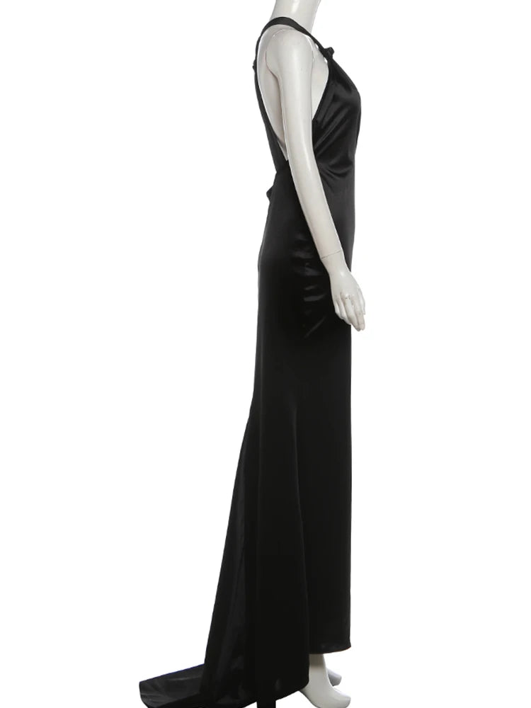 Silky Satin Evening Gown With Low Neck Backless Design Sleeveless Maxi Dress