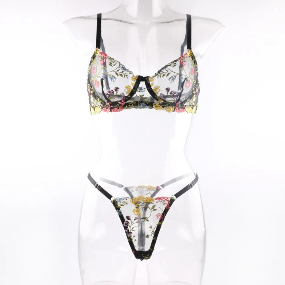 Floral Sheer Embroidery Lingerie Set With Underwire Push Up Bra And Panty Two Piece