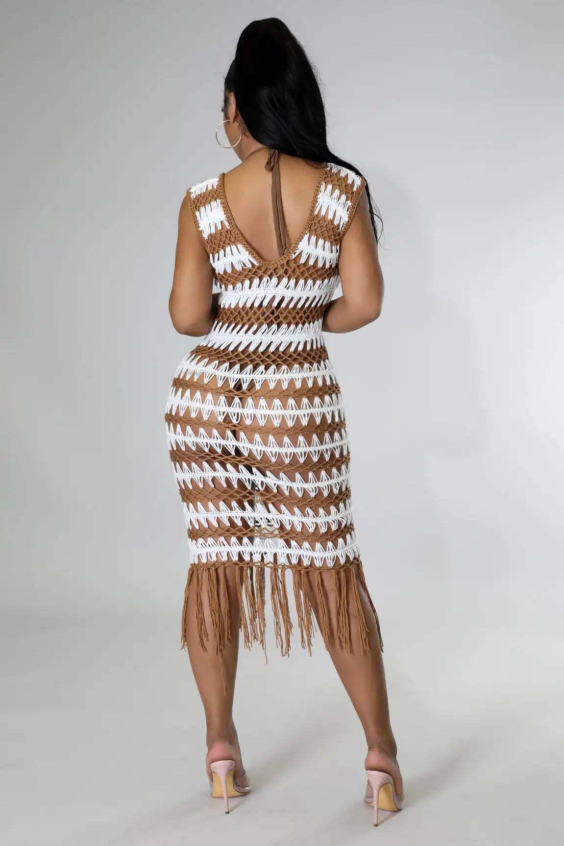 Plus Size Striped Crochet Midi Dress With V Neck Fringe Hem Sheer Beach Cover Up
