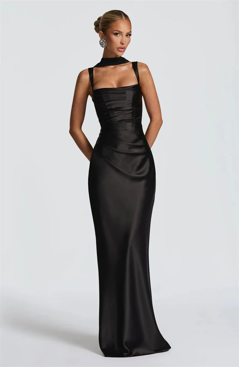 Elegant Satin Backless Halter Off-Shoulder Maxi Dress