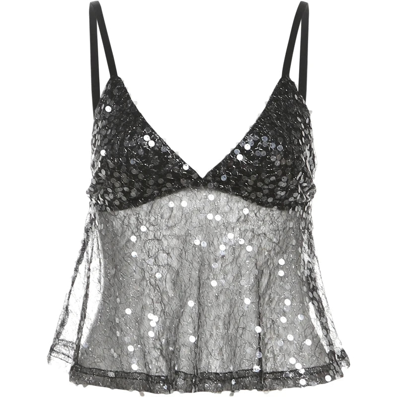 Sequined Patchwork Mesh Camisole With V-Neck Backless