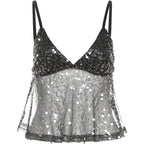 Sequined Patchwork Mesh Camisole With V-Neck Backless