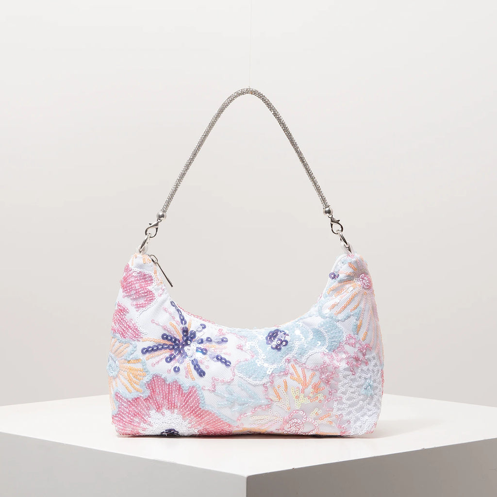 Floral Embroidered Sequin Shoulder Bag For Women Crescent Shape Evening Purse