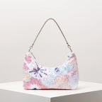 Floral Embroidered Sequin Shoulder Bag For Women Crescent Shape Evening Purse
