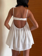 Women White Lace Trim Spaghetti Strap Babydoll Mini Dress