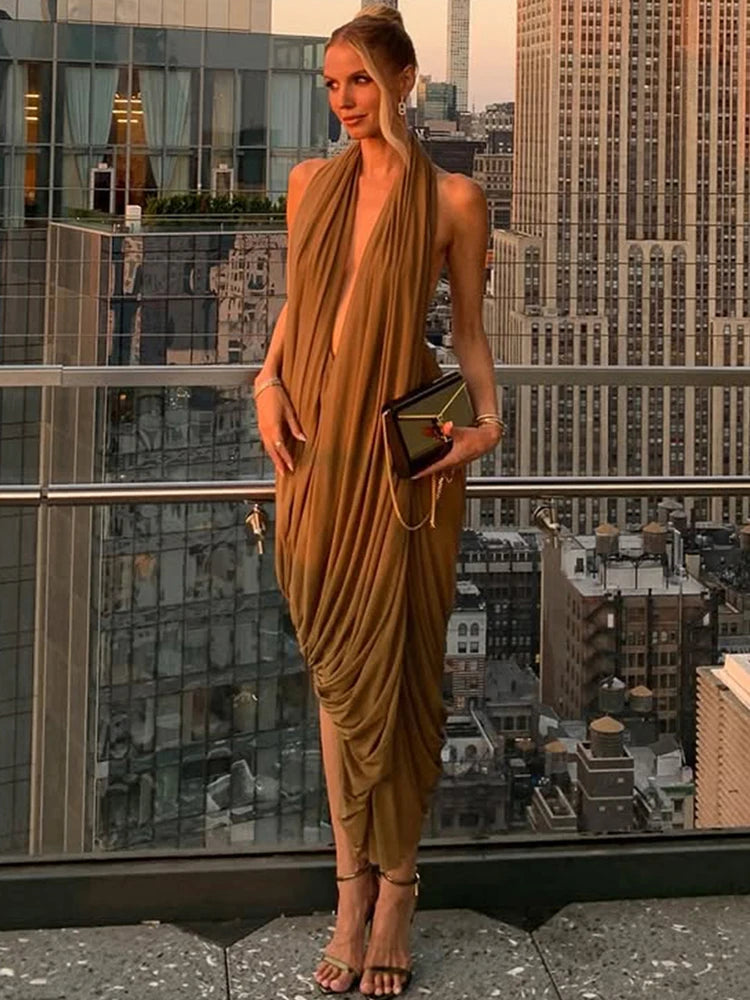 Chic Ruched Halter Bodycon Dress Backless Deep V Neck