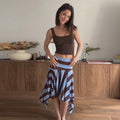 Striped Midi Skirt With Asymmetric Pleated Hem For Women Casual Style Flattering Low Rise