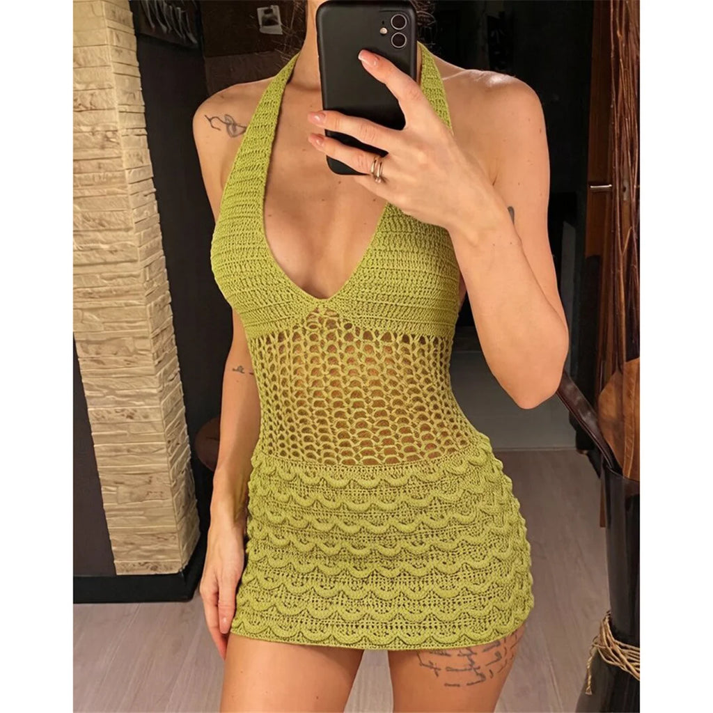 Halter V Neck Backless Crochet Knitted Tunic Beach Cover Up