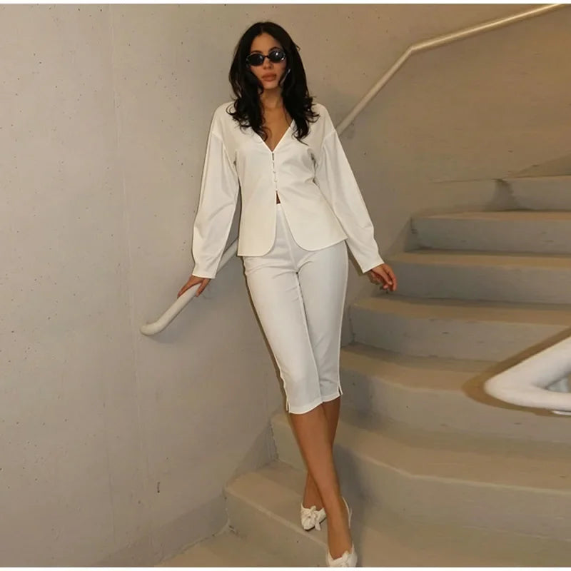 Sleek Blazer Capri Set For Women V Neck Jacket With Matching Pants