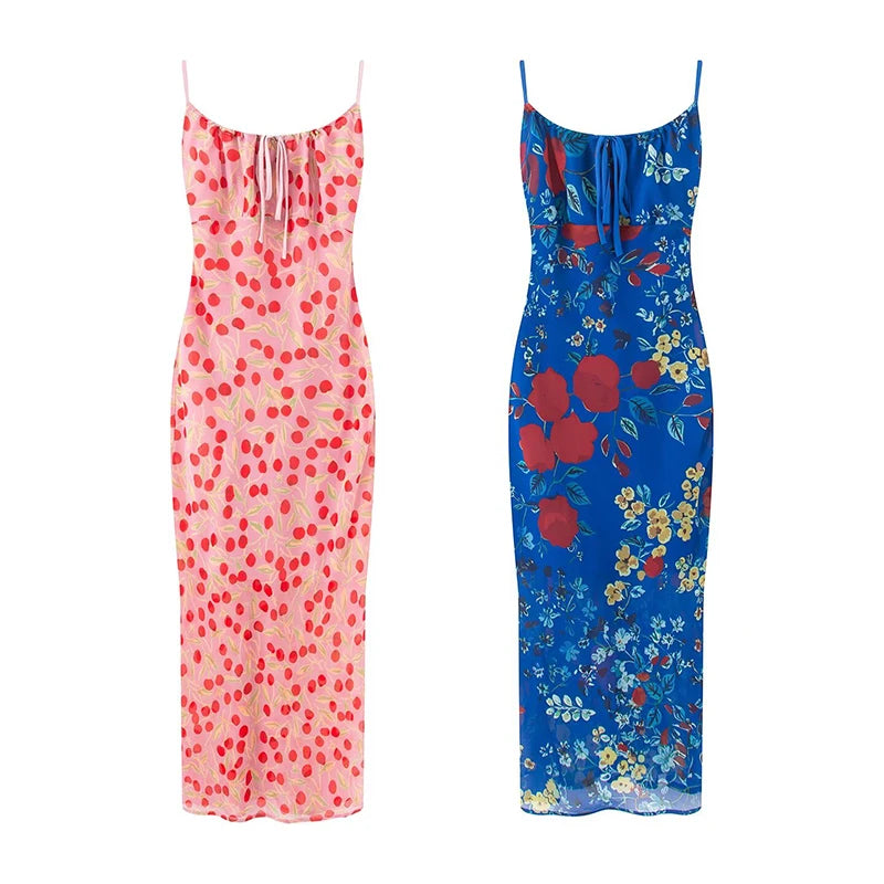Retro Floral Lace Up Backless Maxi Dress