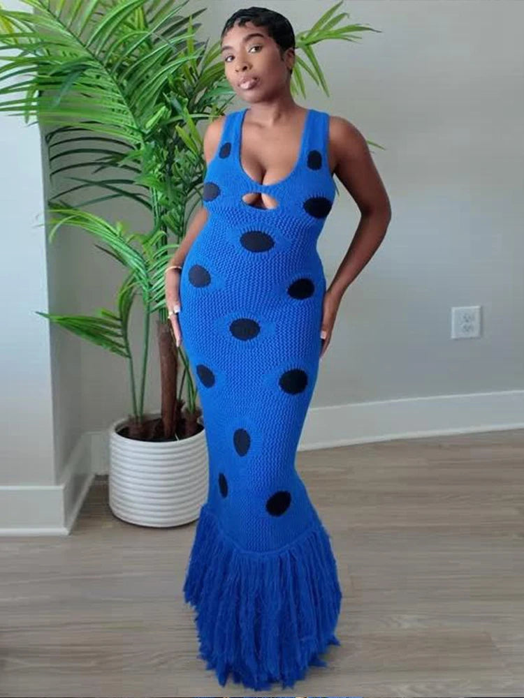 Midnight Sleeveless Knit Maxi Dress With Hollow Dot Tassel Hem