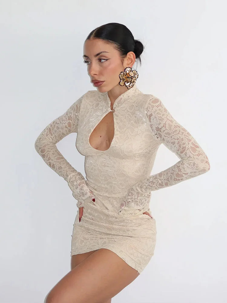 Sexy Lace Mini Dress With Sheer Panels Hollow Out Details Turtleneck Flare Sleeves Bodycon Style