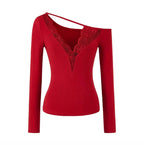 Soft Cotton Long Sleeve Lace Trim V Neck Top Feminine Style