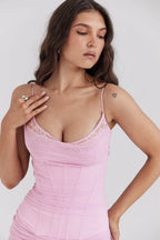 Elegant Mesh Patchwork Bodycon Dress With Spaghetti Straps And Double Layered Zipper Detail