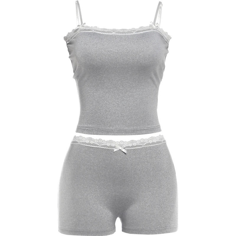 Lace Patchwork 2 Piece Set Women Fashion Bow Applique Low-Neck Camisole+Bike Shorts