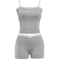 Lace Patchwork 2 Piece Set Women Fashion Bow Applique Low-Neck Camisole+Bike Shorts