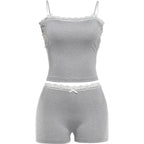 Lace Patchwork 2 Piece Set Women Fashion Bow Applique Low-Neck Camisole+Bike Shorts