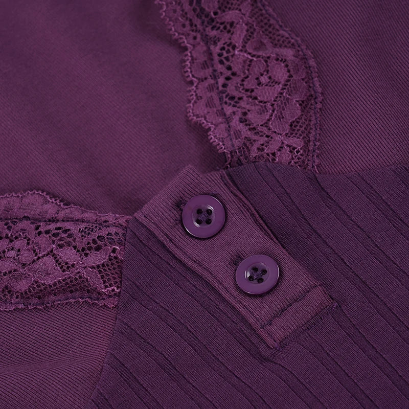 Romantic Purple Lace Patchwork Knit Top With Elegant V Neck