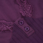Romantic Purple Lace Patchwork Knit Top With Elegant V Neck
