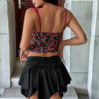 Floral Cami Top With Lace Trim Underwire Bandage Fishbone Backless Corset