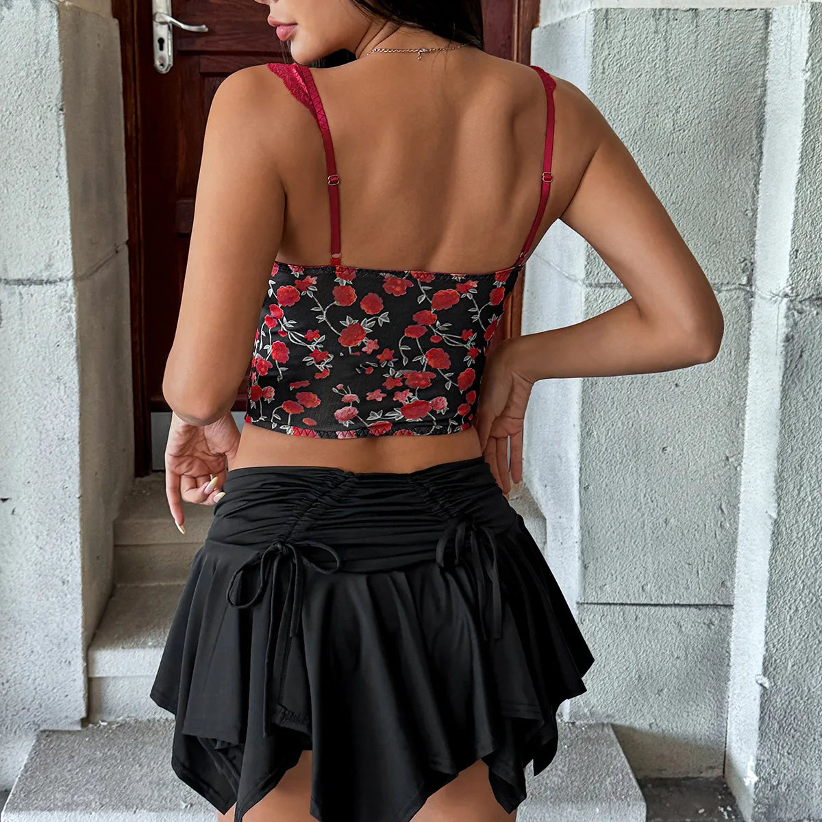 Floral Cami Top With Lace Trim Underwire Bandage Fishbone Backless Corset