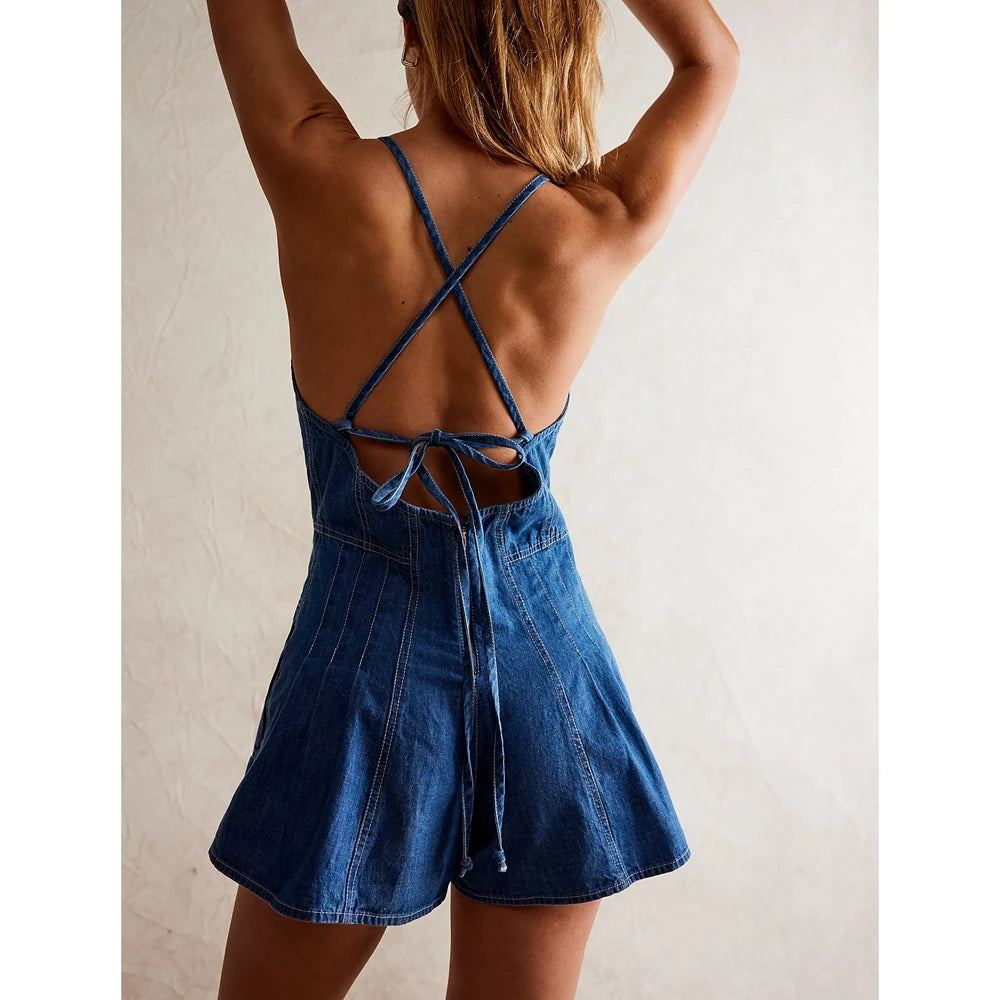 Retro Denim Playsuit With Cross Tie Backless V Neck Zip Front Loose Wide Leg Romper