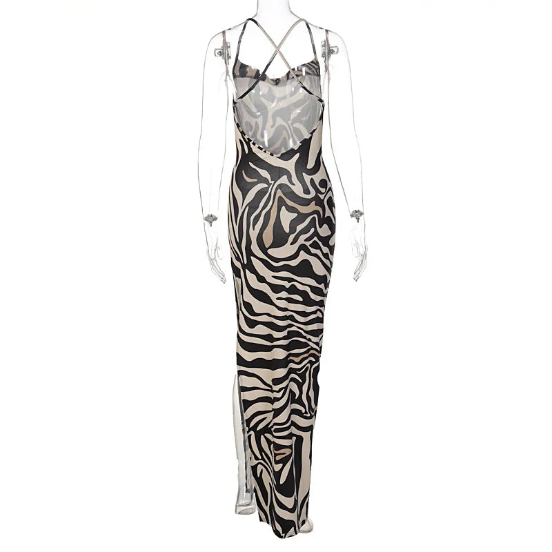 Zebra Print Maxi Dress With Lace Patchwork And Backless Slit l