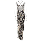 Zebra Print Maxi Dress With Lace Patchwork And Backless Slit l