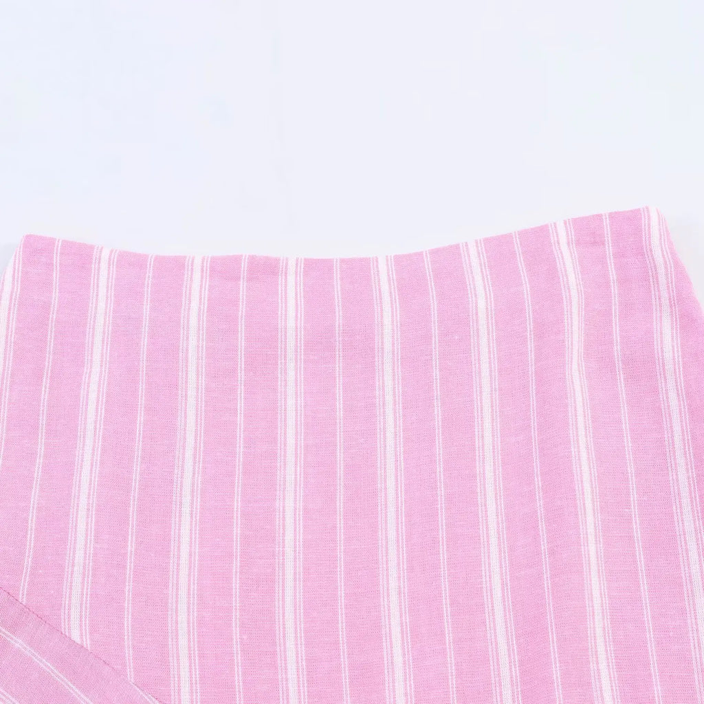 Pink Stripe Shirt Set With Pleated Long Skirt Elegant Two Piece Suit