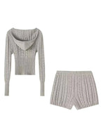 Sexy Vintage Hooded Knitted Long Sleeve Set