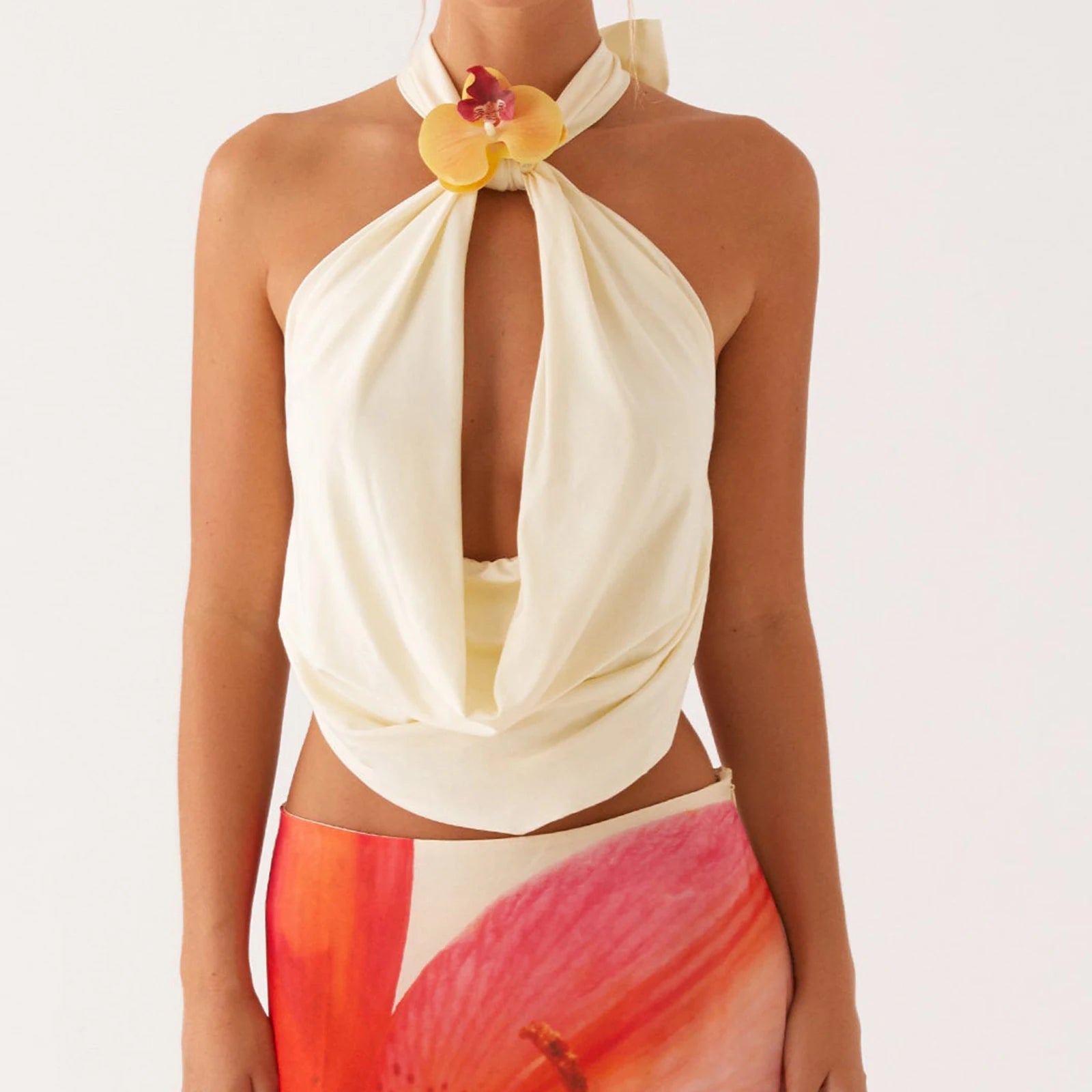 Vintage 3D Flower Cami Top With Halter Backless And Draped Front