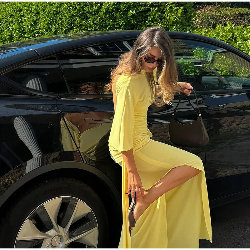 Backless Party Maxi Dress With O Neck Slim Pleated Ribbon Detail