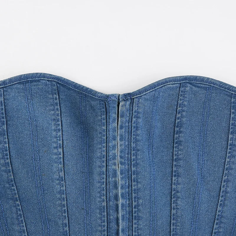 Off Shoulder Denim Corset Tank Top With Lace Up Back Hollow Detail Slim Bustier Camisole