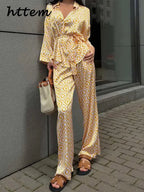 Printed Blouse And Pants Set With Long Sleeves And Lace Up Shirt