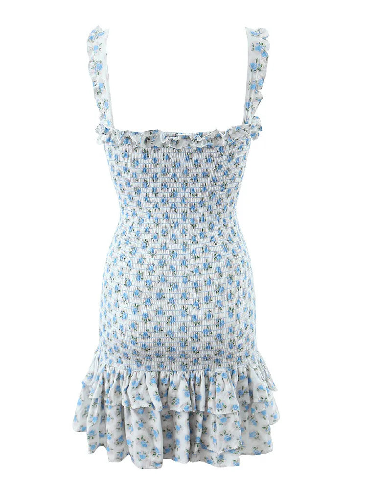 Flower Print Corset Ruched Elastic Body Sling Mini Square Collar Ruffles Hem Dress