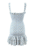 Flower Print Corset Ruched Elastic Body Sling Mini Square Collar Ruffles Hem Dress