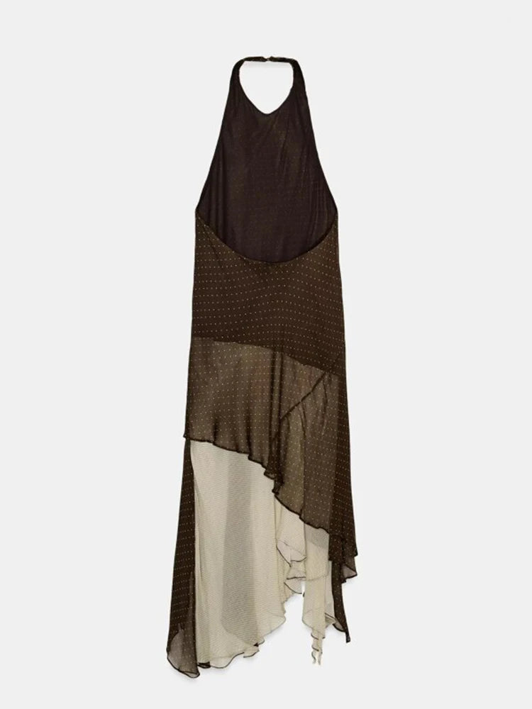 Chic Halter Dress With Off Shoulder Silhouette In Vintage Polka Dot Chiffon