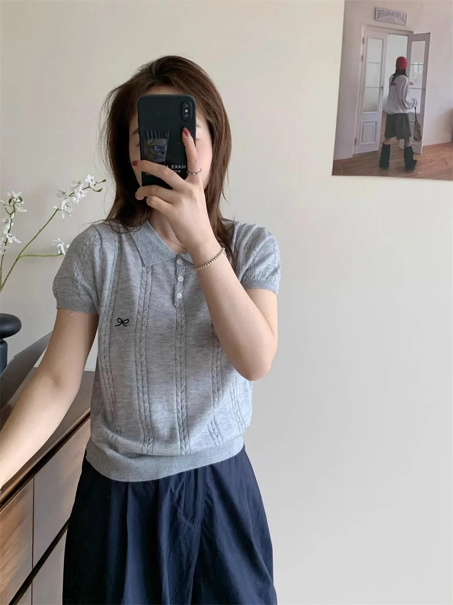 Sweet Bow Embroidered Knitted Polo Shirt For Women Short Sleeve