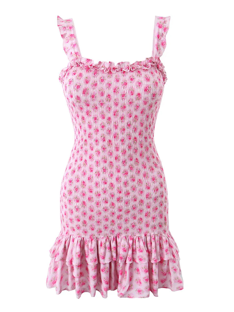 Flower Print Corset Ruched Elastic Body Sling Mini Square Collar Ruffles Hem Dress
