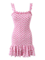 Flower Print Corset Ruched Elastic Body Sling Mini Square Collar Ruffles Hem Dress