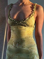See Through Two Piece Set With Ruffles Patchwork Camisole And Tiered Skirts