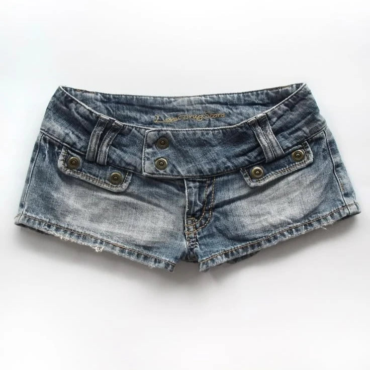 Y2K Gothic Vintage 2000s Sequin Flower Embroidery Mini Washed Blue Women Sexy A-line Skirt Low Rise Hot Girl Denim Shorts